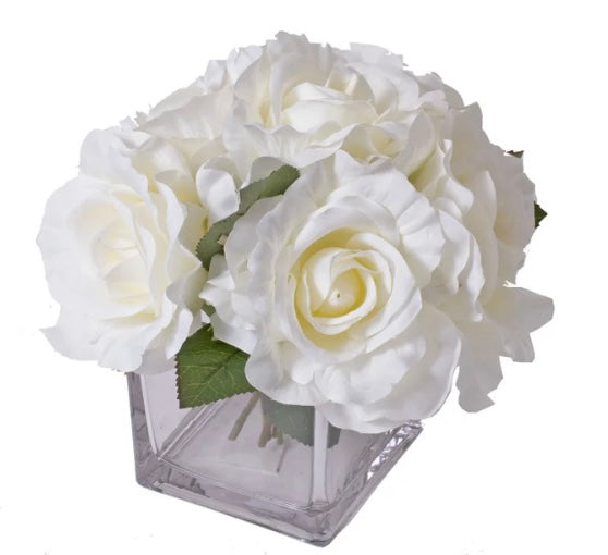 Square Glass Rose Bouquet, white